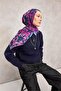 Cotton Polyester Soft Scarf Blue Fuchsia Large Daisy Patterned Tok Duruşlu 90X90 - 4