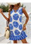 Summer Breeze! Women's Strappy Ring Collar Detailed Floral Patterned Short Single Jersey Dress - 6