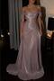 Shiny Off-Shoulder Evening Dress with Elegant Pleats
