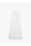 Cotton U-Neck Strappy Embroidered A-Line Long Dress - 4