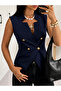 Women's Navy Blue Gold Buttoned Double Breasted Vest Blouse
