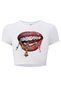 Women's Grillz Colorful Stone Lip Patterned Crop (White)