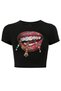 Women's Grillz Colorful Stone Lip Patterned Crop Black