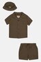 Kids Boy 3 Pieces Brand Logo Shirt And Shorts With Hat Set, Olive - 2