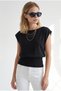 Women's Black Boat Neck Belted Seasonal Cotton-Blend Blouse Blz-19003388
