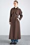 Long Trench Coat with Cape and Epaulette Detail, Button Accessories, Water Repellent Feature, Brown 6880 - 6