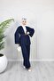 Dark Navy Blue Double Denim Suit with Belt Detail Oversized Jacket Loose-Leg Comfortable Pants