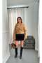 Women's Camel Short Biker Coat with Eyelet Texture, Zipper and Belted Collar - 3