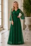 Women's Long Tulle Sleeves Double Breasted Collar Lycra Glitter Comfortable Cut Stylish Chiffon Green Long Evening Dress - 5