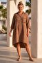 Camel V-Neck 3/4 Sleeve Buttoned Susene Embroidered Casual Muslin Long Back Oversize Woven Dress 110 65 - 7