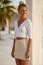 White Double-Breasted Collar 3/4 Sleeve Tie-Up Casual Muslin Crop Fit Woven Blouse 40 60 - 7