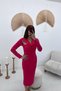 Women's Fuchsia Midi Pencil Dress with Chest Draping Detail, Cut-Out V-Neck, Long Sleeves - 3