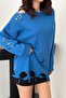 Women's Blue Laser Cut Detailed Crew Neck Oversize Long Sleeve Blouse - 3