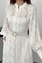 Women's Ecru Long Dress with Stand Collar, Belted, Balloon Sleeves, Textured Lining - 5