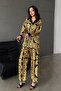 Women's Yellow Shirt and Trousers Set with Shawl Patterned Wide Leg Long Sleeves - 2