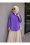 Purple Oversize Cotton Linen Shirt with Pockets Trendy Loose Drop Shoulder Women's - 3