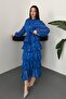 Women's Cobalt Blue Dress with High Collar, Floral Pattern, Belted, Layered, Flounce Midi - 2
