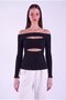 Women's Black Low-Cut Long Sleeve Ribbed Blouse Hzl24W-Fry000