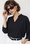 Women's Black Judge Collar V-Neck Loose Cut Bat Sleeve Blouse 60286450 - 3