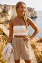 Beige Washed Elastic and Tie-Waist Casual Muslin Woven Shorts 50 58 - 6