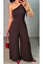 Women's One-Shoulder Drawstring Detailed Wide-Leg Long Sandy Jumpsuit - 2