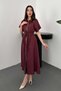 Women's Burgundy Linen Belted Buttoned Pocket Detailed Midi Shirt Dress - 2