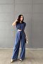 Women's Navy Blue Blouse Pants Set Modal Crop Blouse High Waist Wide Leg Pants Two Piece Set
