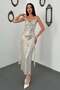 Women's Beige Sequined Chiffon Ruffle Detailed Strappy V-Neck Midi Event Dress