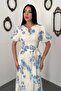 Women's Blue Floral Patterned Balloon Sleeve Belted Buttoned Midi Woven Dress - 3