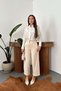 Women's Beige Gabardine Trousers High Waist Straight Cut with Pockets Double Cuffs