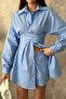 Women's Blue Shirt Collar Long Sleeve Belted Waist Buttoned Short Two-Piece Set - 4