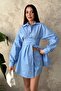 Women's Blue Shirt Collar Long Sleeve Belted Waist Buttoned Short Two-Piece Set - 3