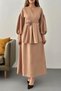 Women's Camel Blouse-Skirt Set Blouse Skirt Set V-Neck Rose Applique Balloon Sleeve Long Skirt - 4