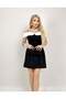 Women's Black - Black Strappy Off-Shoulder Contrast Collar Gathered Mini Satin Dress