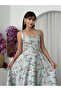 Women's Green Midi Dress Square Neck Strap Floral Patterned Flared Poplin Dress - 7