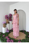 Women's Pink Floral Patterned Shoulder Tie Layered Chiffon Long Dress - 8