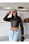 Women's Crocodile Leather Special Design Sleeve Zipper Crop Leather Jacket