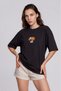 Women's Black T-Shirt with Minimal Sloth Animal Embroidery, 100% Cotton, Oversize Basic Casual Sports T-Shirt - Fun Sloth Patterned Basic Casual Comfortable Loose Fit Women's T-Shirt - 3