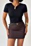 Crep Women's Metal Buckle Draped T-Shirt Viscose Lycra Single Jersey Slim Fit Basic T-Shirt