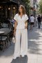 Women's V-Neck Double Buttoned Waist Belt Detailed Wide Leg Pocketed Trouser Suit