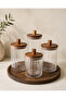 Acacia Lid Striped Glass Jar Set 4-Piece Storage Jar with Wooden Tray (1160 ml + 860 ml + 600 ml)