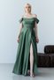 Khaki Boat Neck Draped Slit Long Evening Dress - 5