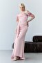 Powder Kayık Yaka Stone Embroidered Draplei Long Evening Dress - 2