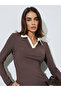 Brown Contrast Collar Long Sleeves Ribbed Top