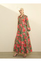 Olive and Red Floral Wrap Neck Maxi Dress - 3