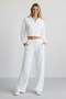 Women's White Two-Thread Relaxed Fit Hooded Zipper Crop Wide-Leg Sweatpants Set - 7940