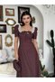 Women's Coffee Polka Dot Bow Detailed Lace Square Neck Balloon Sleeve Midi Dress - 6