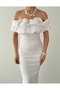 Women's White Strapless Sequined Ruffle Detailed Boat Neck Midi Evening Dress - 7