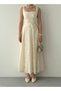 Women's Beige Floral Detailed Square Neck Strap Waist-Fitted Midi Dress - 3