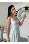 Women's Blue Square Neck Plaid Patterned Strappy Drawstring Waist Midi Dress - 7